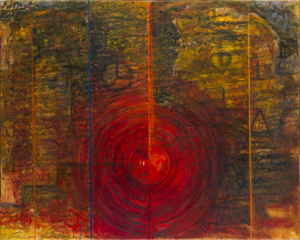 R. Oramus, Ślady V, 2022-2024; akryl, olej, wosk/ płótno